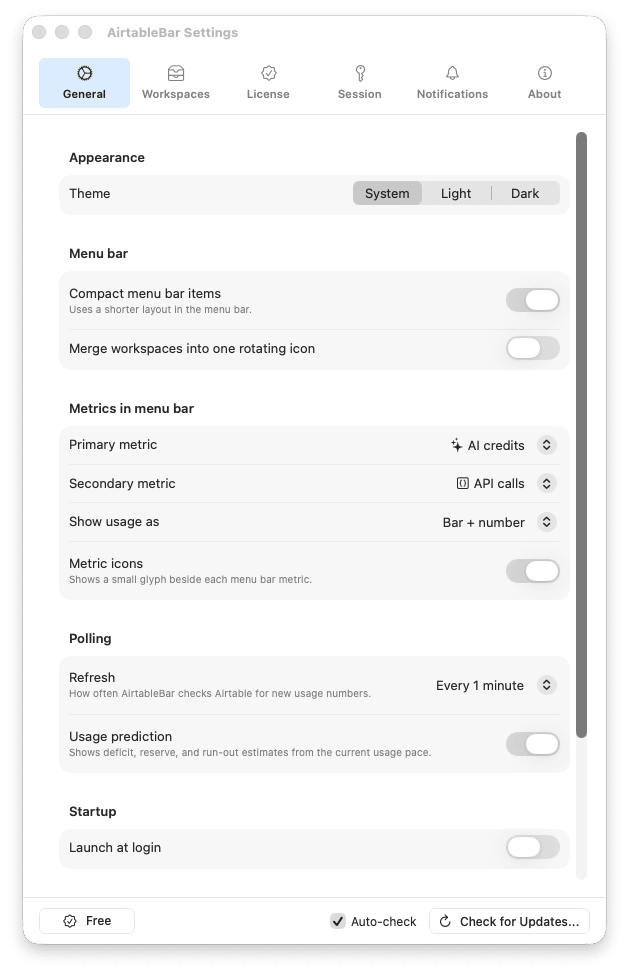 AirtableBar General settings showing theme, menu bar layout, metric icons, refresh interval, usage prediction, startup, and update controls