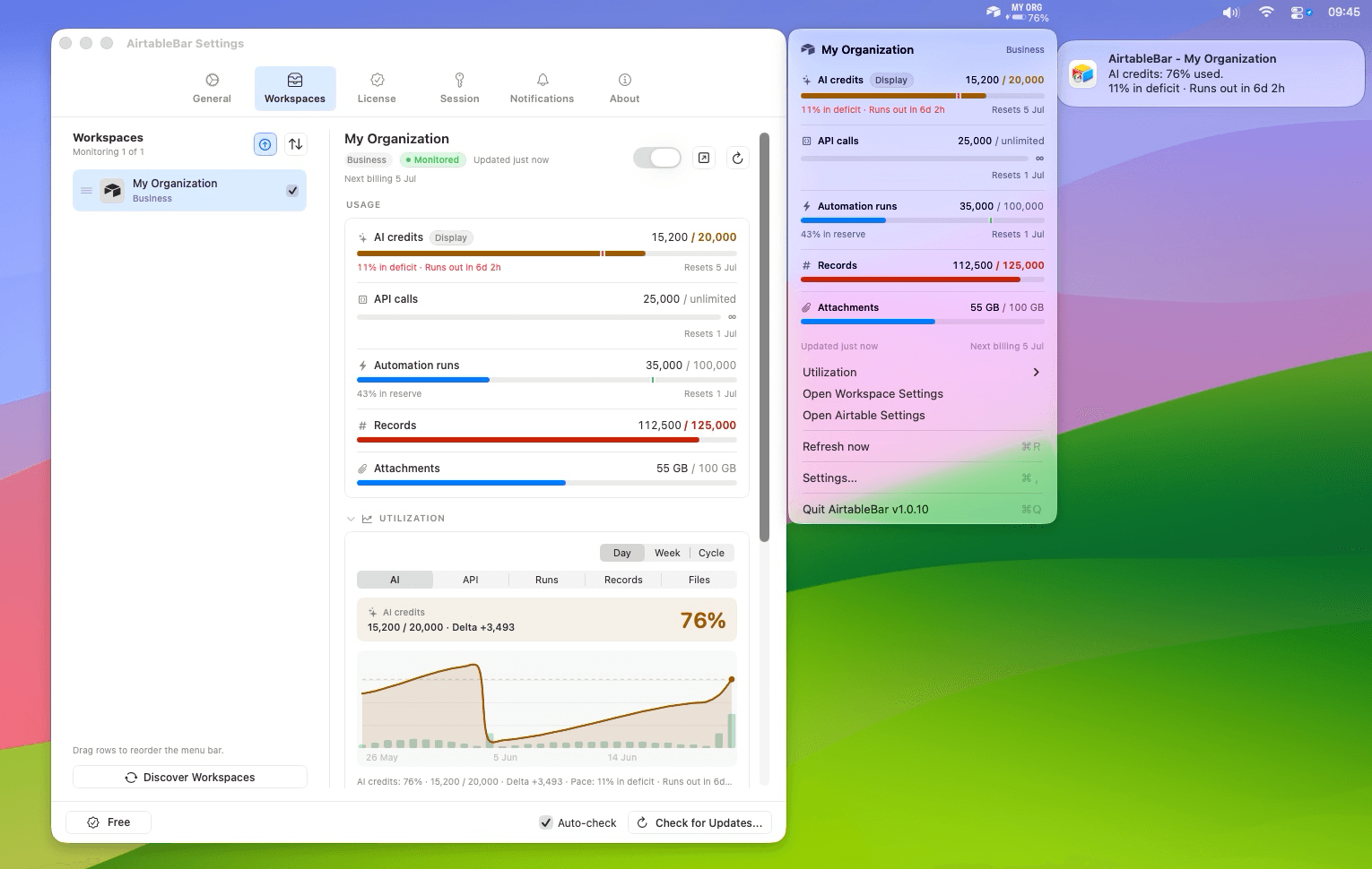 AirtableBar on macOS showing the Workspaces settings window, a menu bar dropdown with quota bars, and an AI credits notification